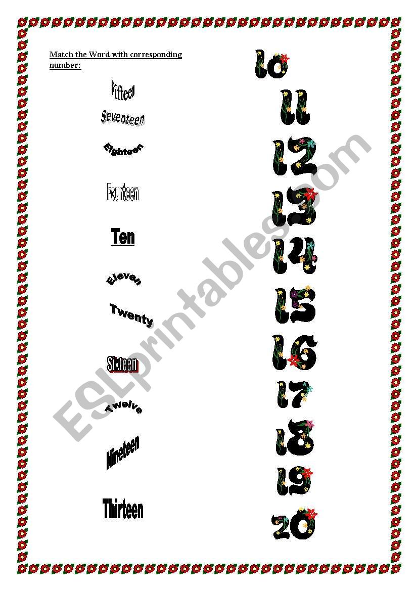 Number match 10-20 worksheet