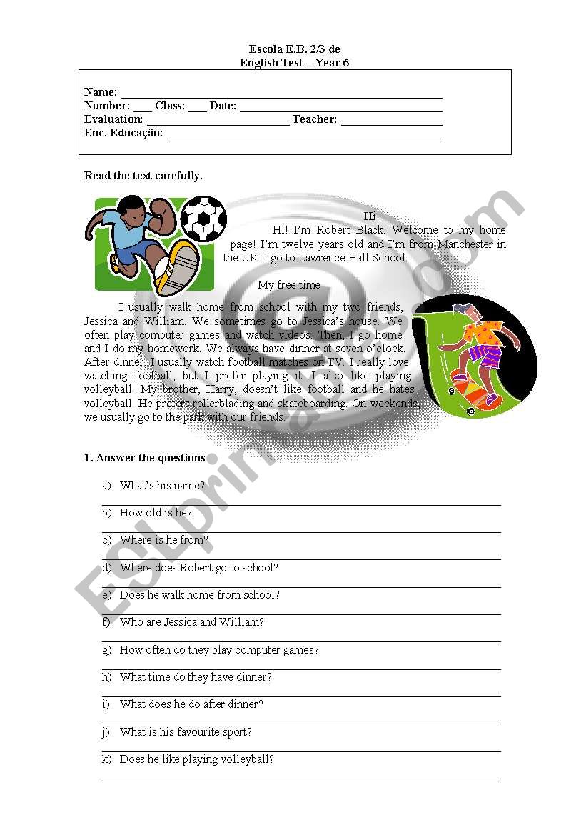 Sports test worksheet