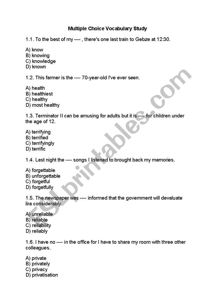 Advanced Vocabulary Study worksheet