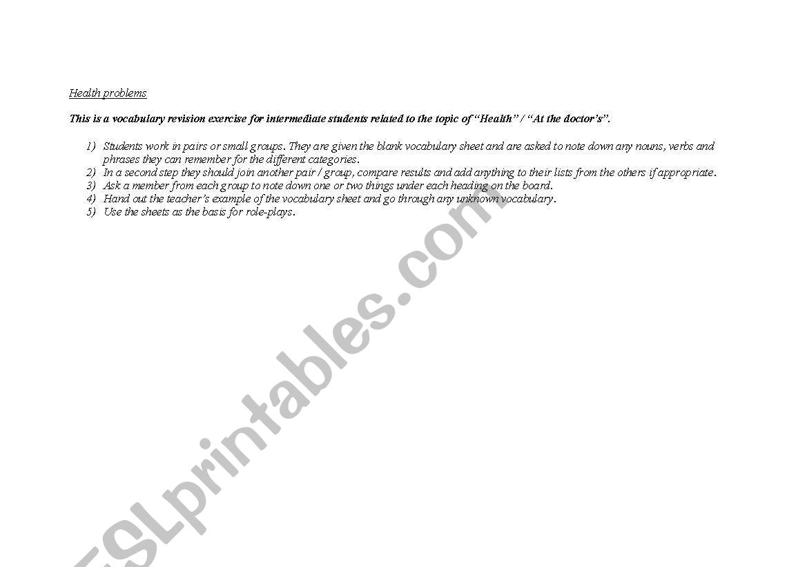 Health problems worksheet