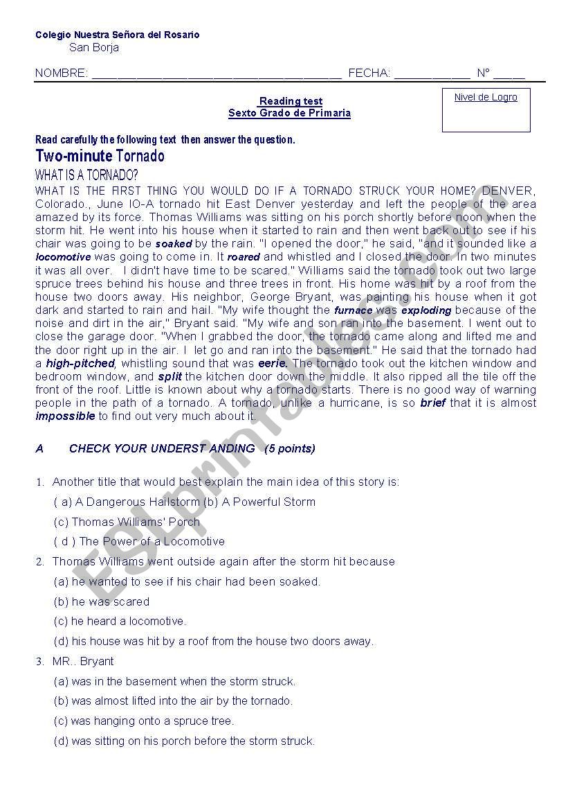 reading test tornado worksheet