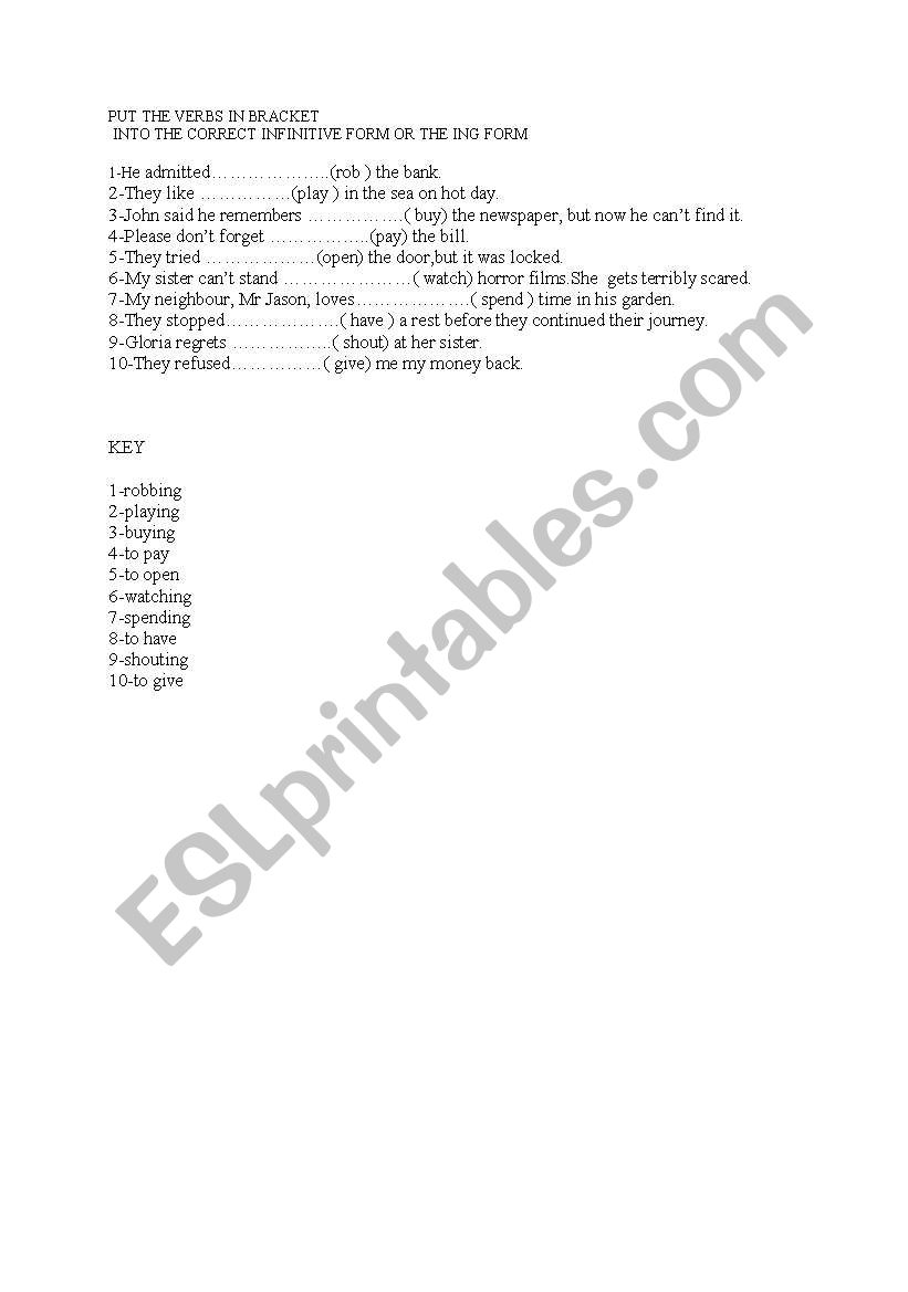 Gerunds Infinitives worksheet