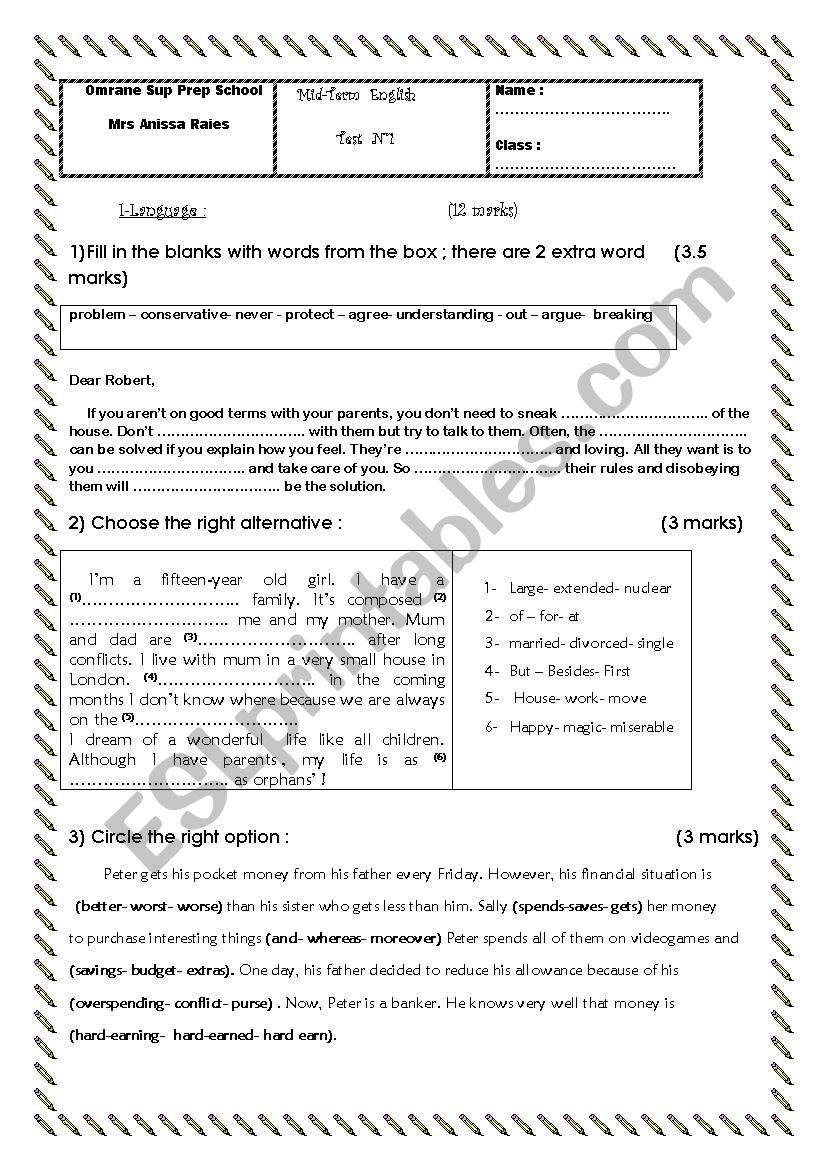 9th form test worksheet