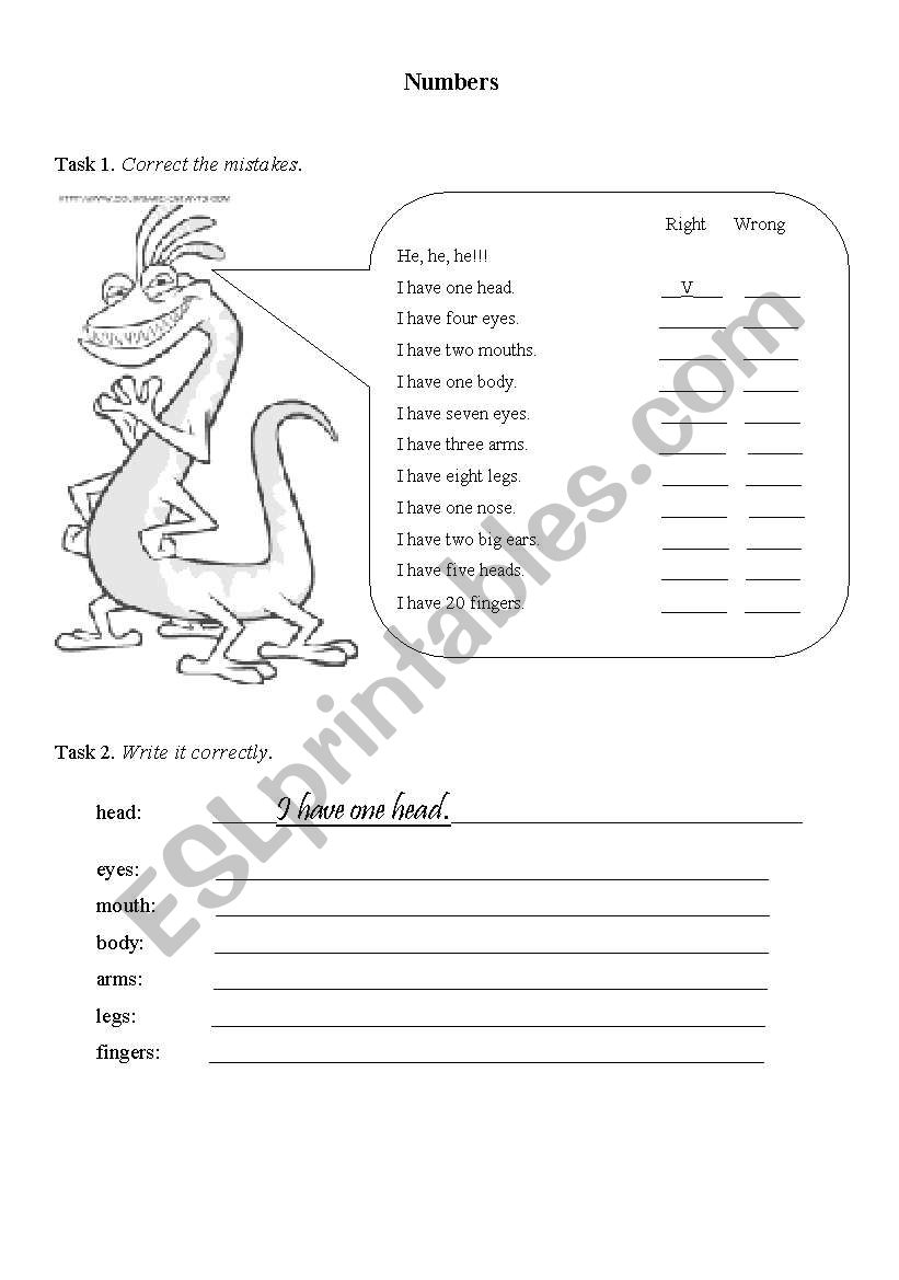 body parts and numbers worksheet