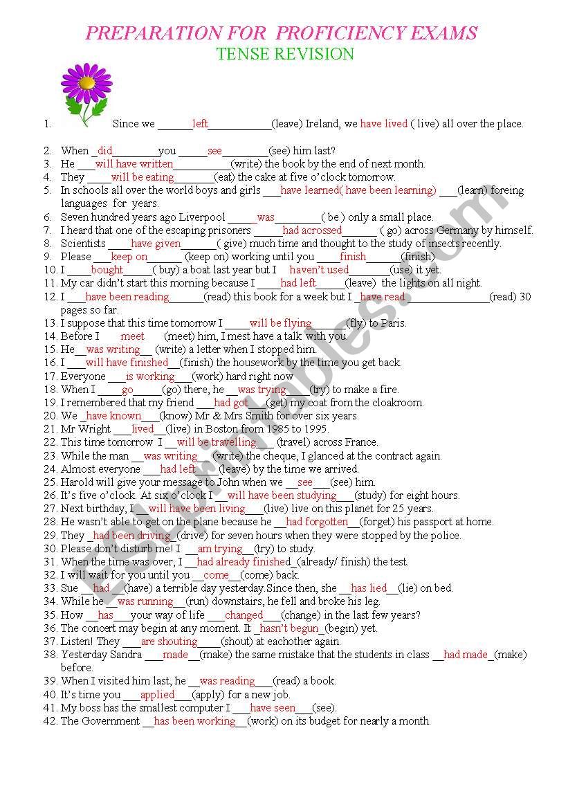 TENSES REVISION - ANSWER KEY ( the original worksheet is in my profile)