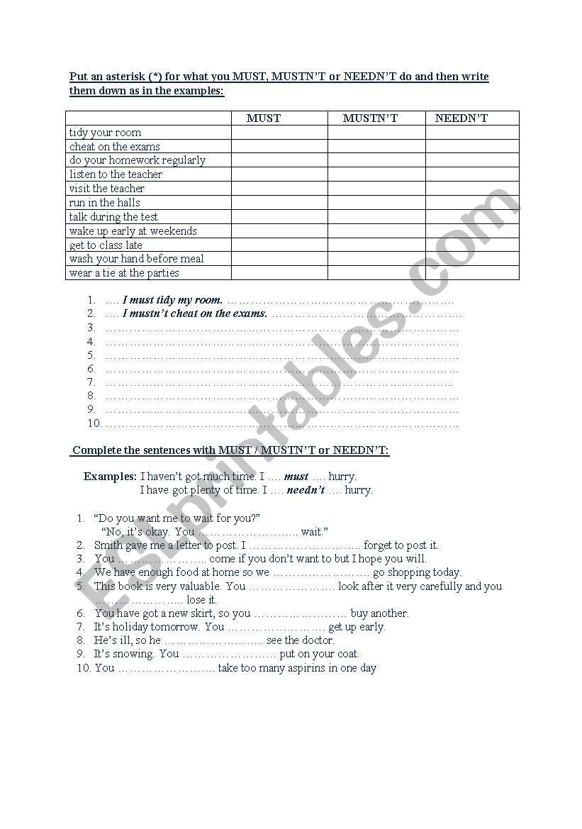 must-mustnÂ´t-neednÂ´t worksheet