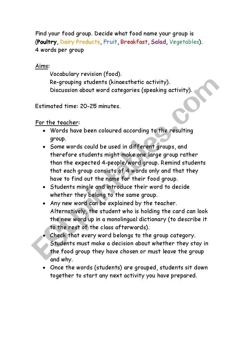 Find your group food worksheet