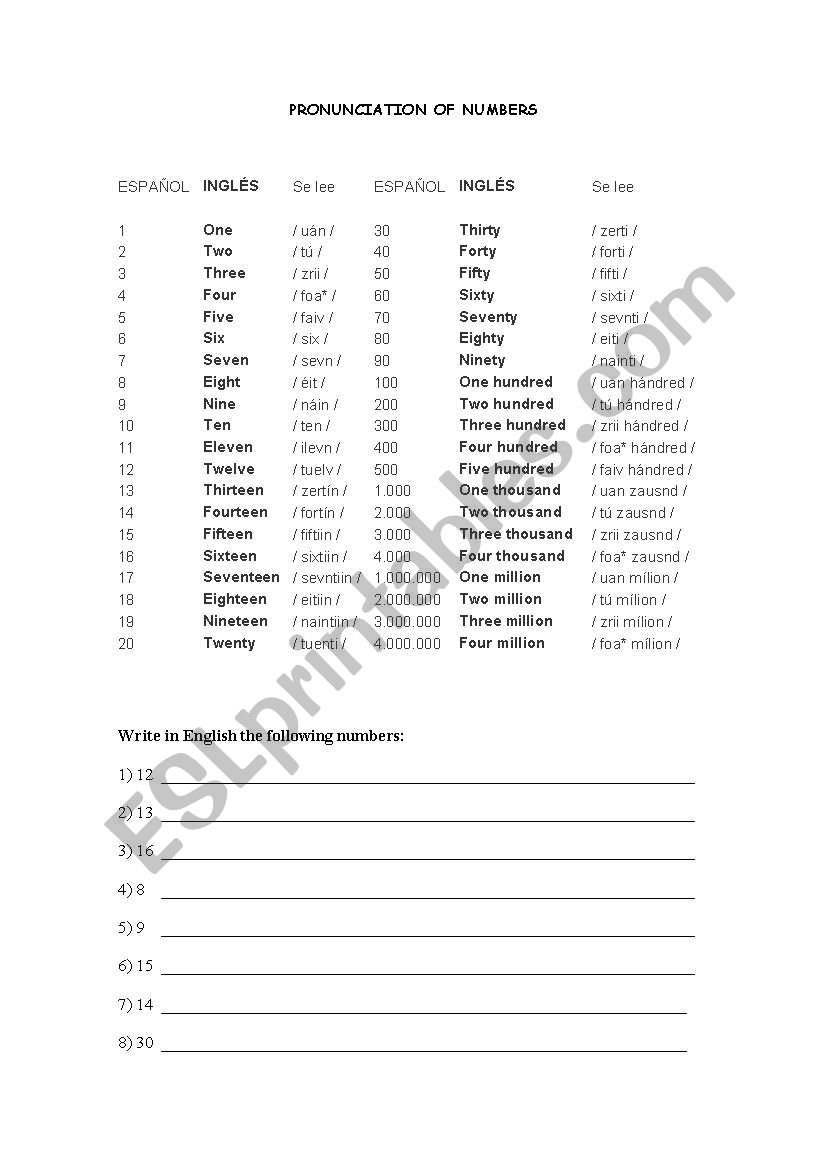 numbers worksheet