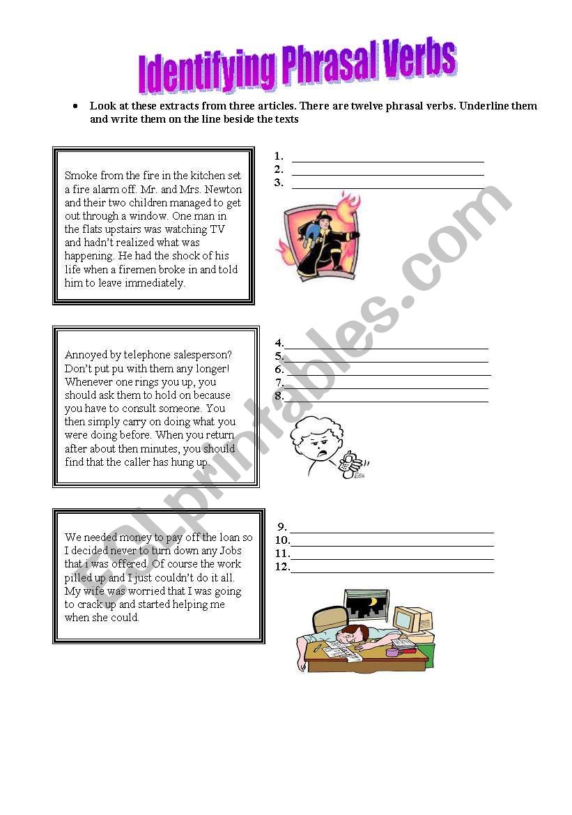 Identifying Phrasal Verbs worksheet