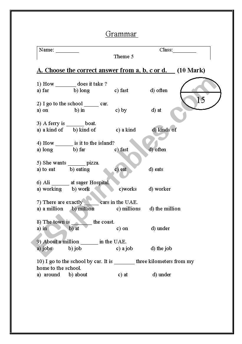 Grammar exam for grade 7 worksheet