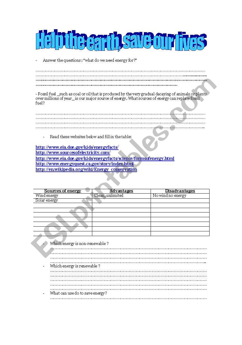 SAVE THE EARTH worksheet