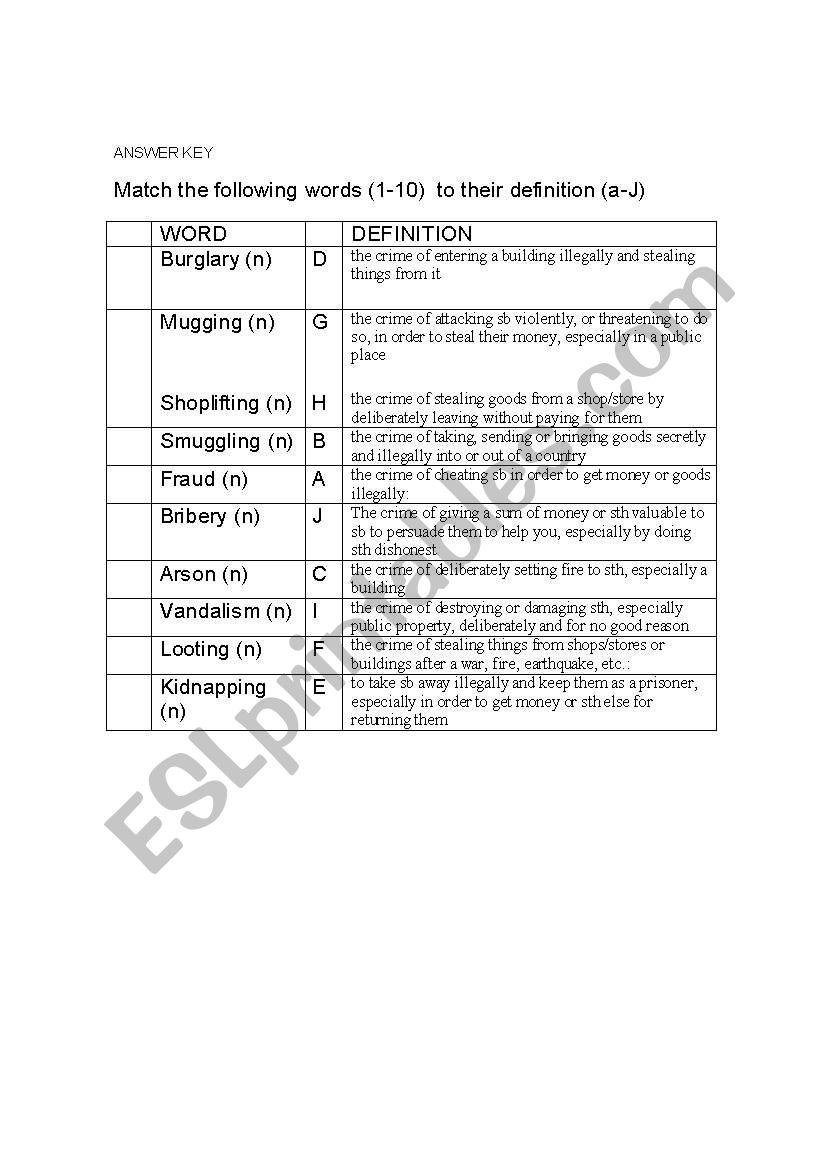 Crime vocabulary worksheet