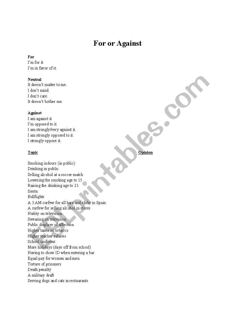 For or Against Exercise worksheet