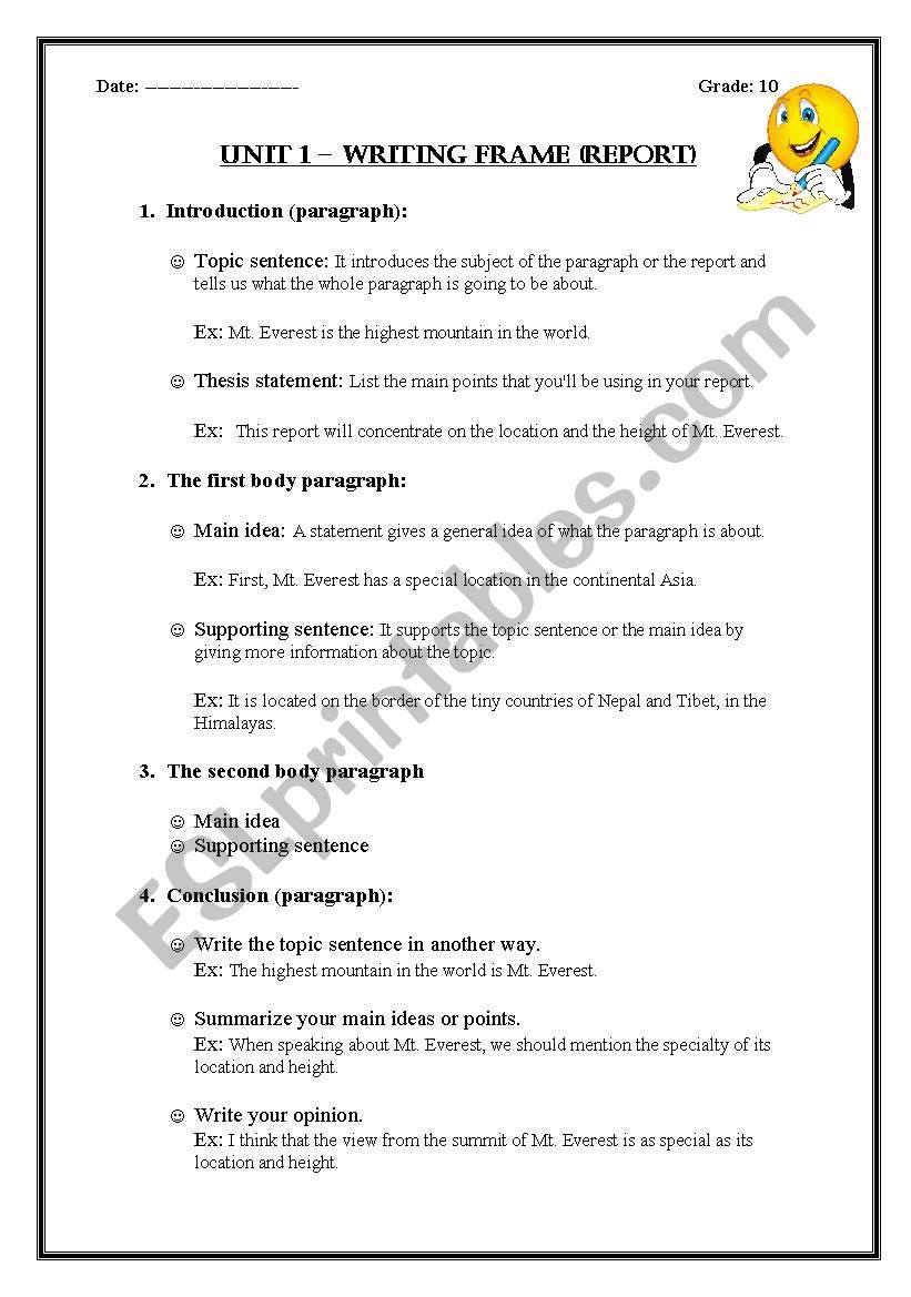 Writing frame - Report worksheet