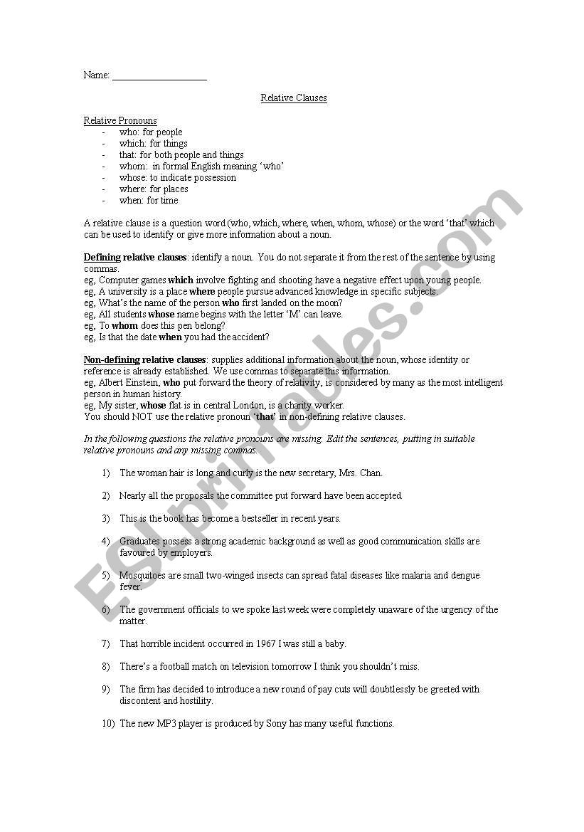 Relative Clauses worksheet