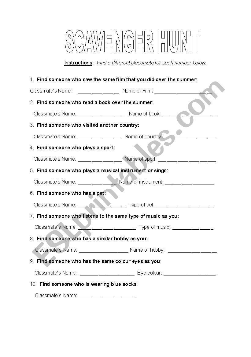 Scavenger hunt worksheet