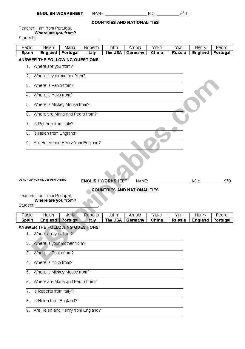 Countries and nationalities worksheet