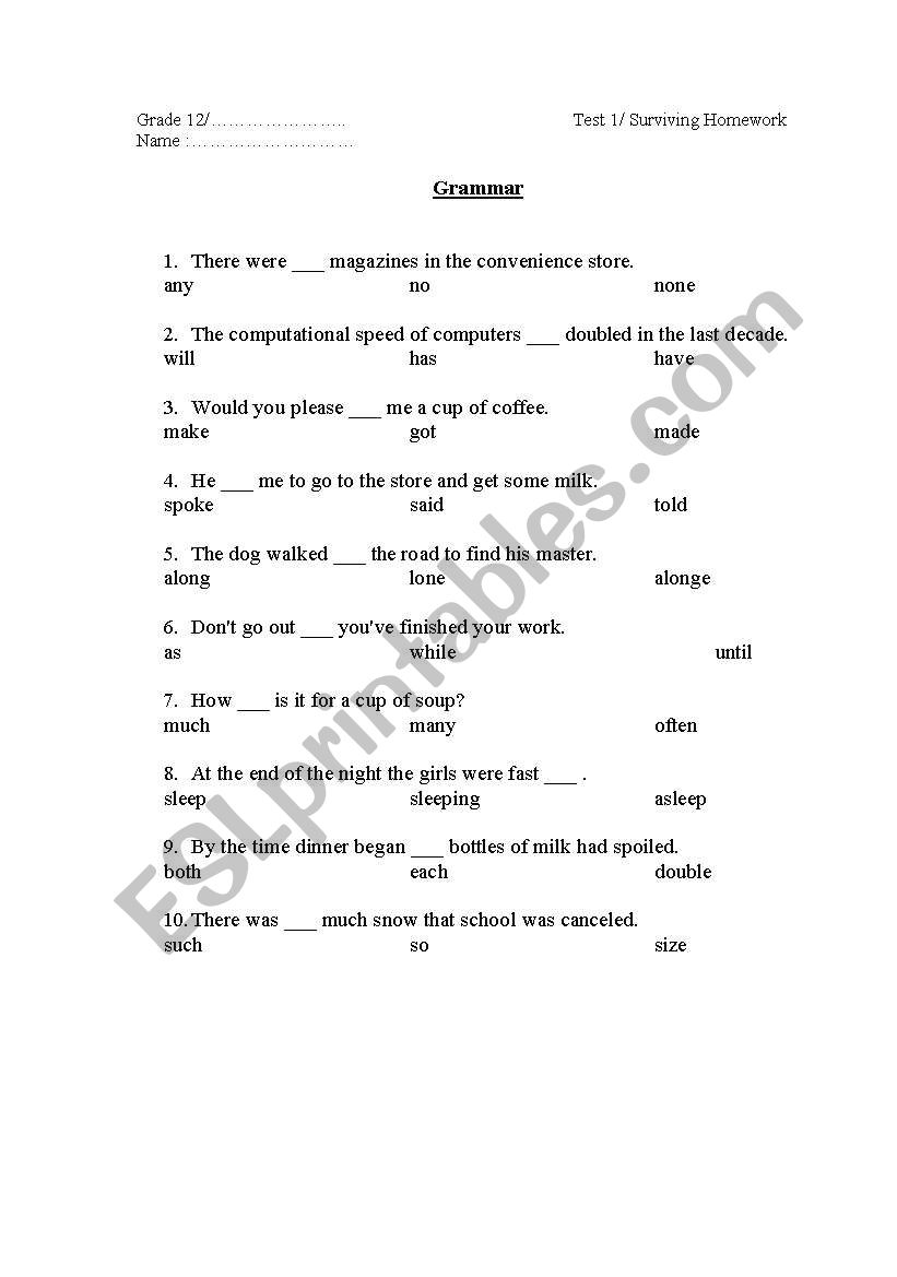 G12 TEST worksheet