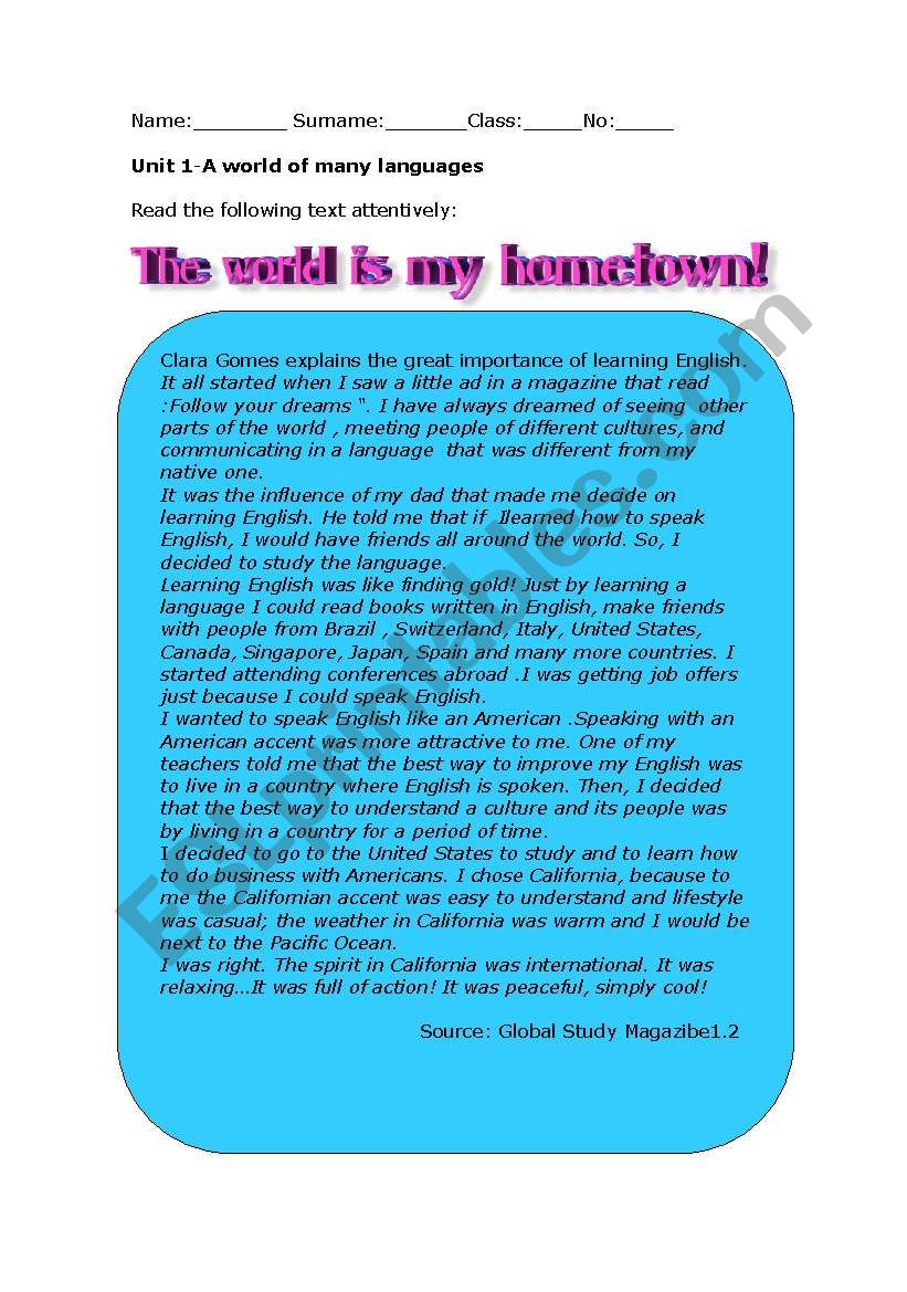 The world is my hometown! worksheet