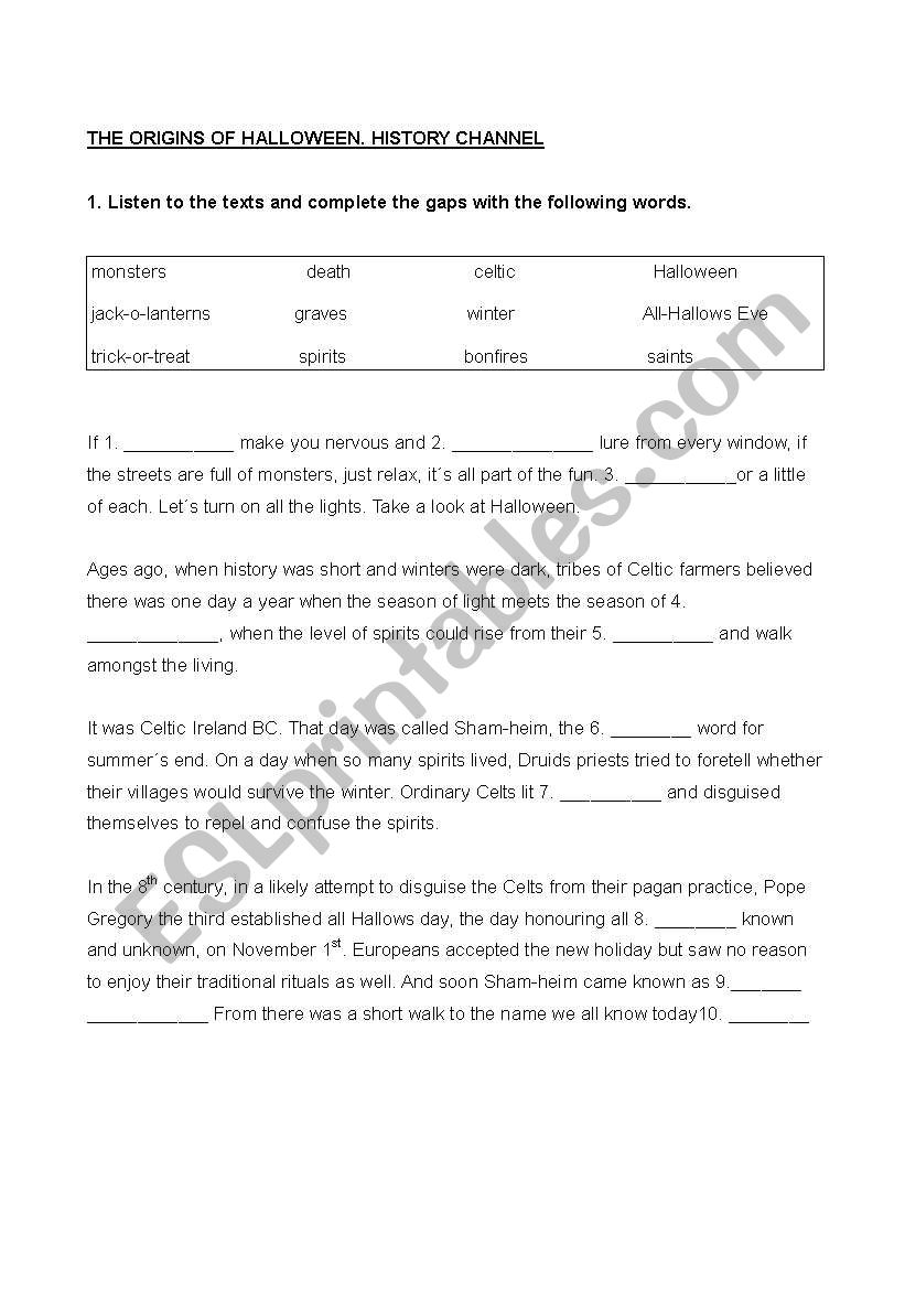 The origins of Halloween worksheet