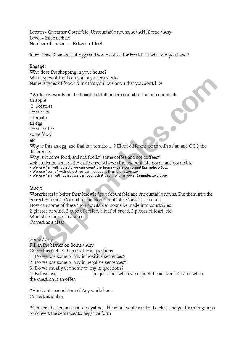 Countable / Uncountable Nouns worksheet
