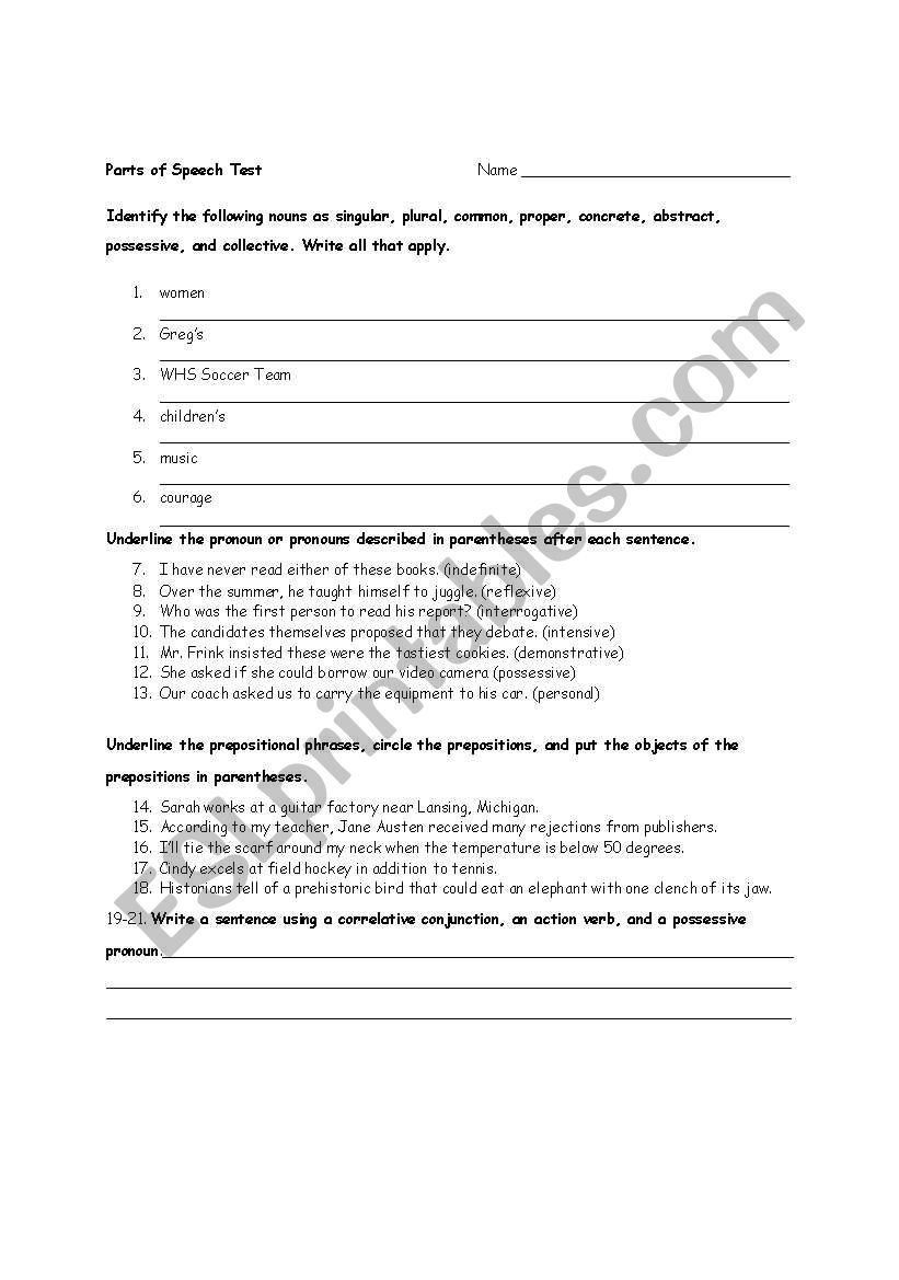 Parts of Speech Test worksheet