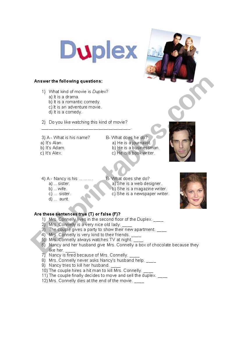 Duplex (movie activity) worksheet