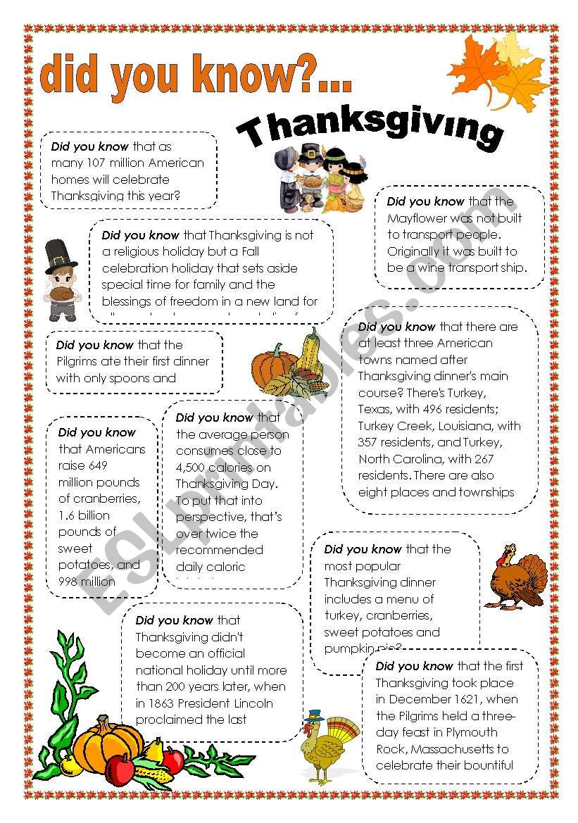 Thanksgiving Facts ESL Worksheet By Intothefire