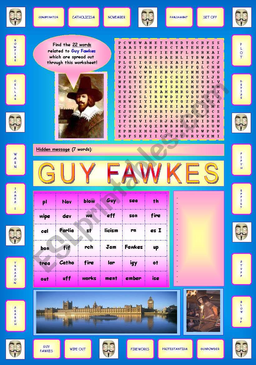 Guy Fawkes activities (Part 2/2):  Very original wordsearch containing a hidden message!!! (22 words spread out through the worksheet) + Vocabulary exercise (words are split up in two parts).