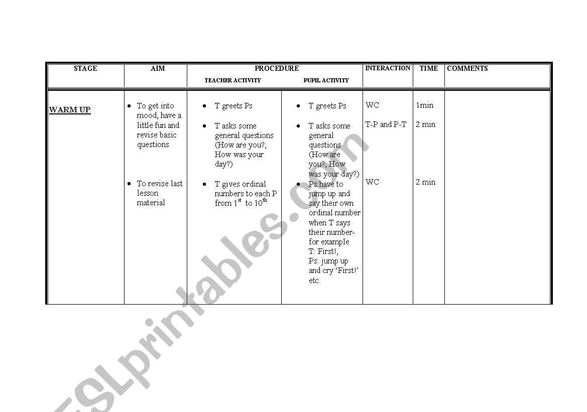 Lesson plan 2 ordinal numbers worksheet