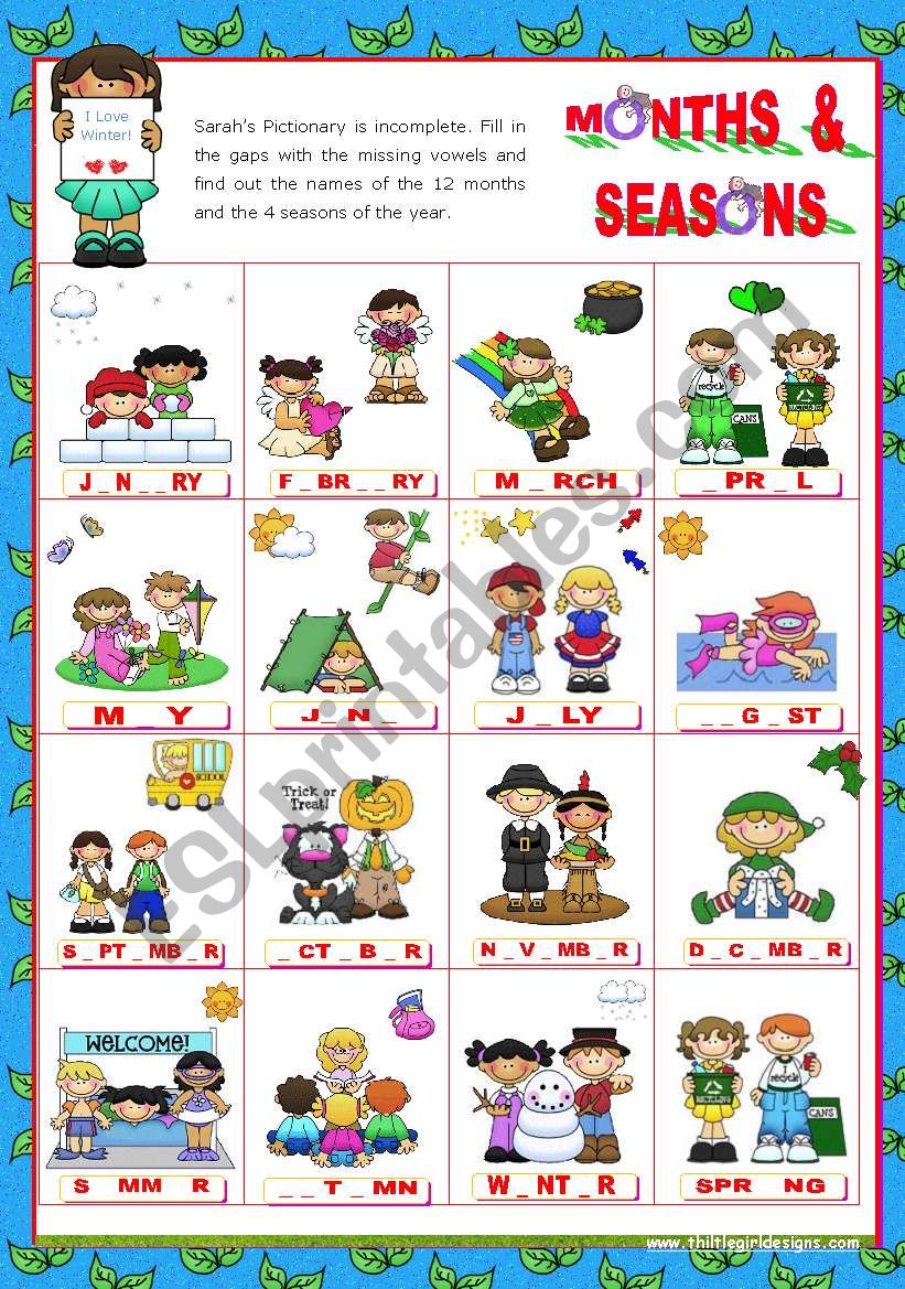 Months of the Year Set (2)  + Seasons: Completing the Pictionary with the missing vowels