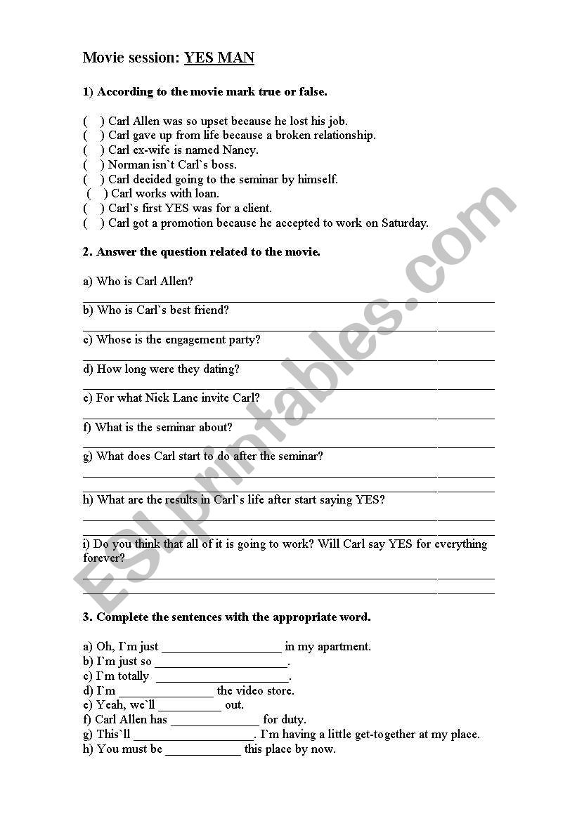 Movie Session: YES MAN worksheet