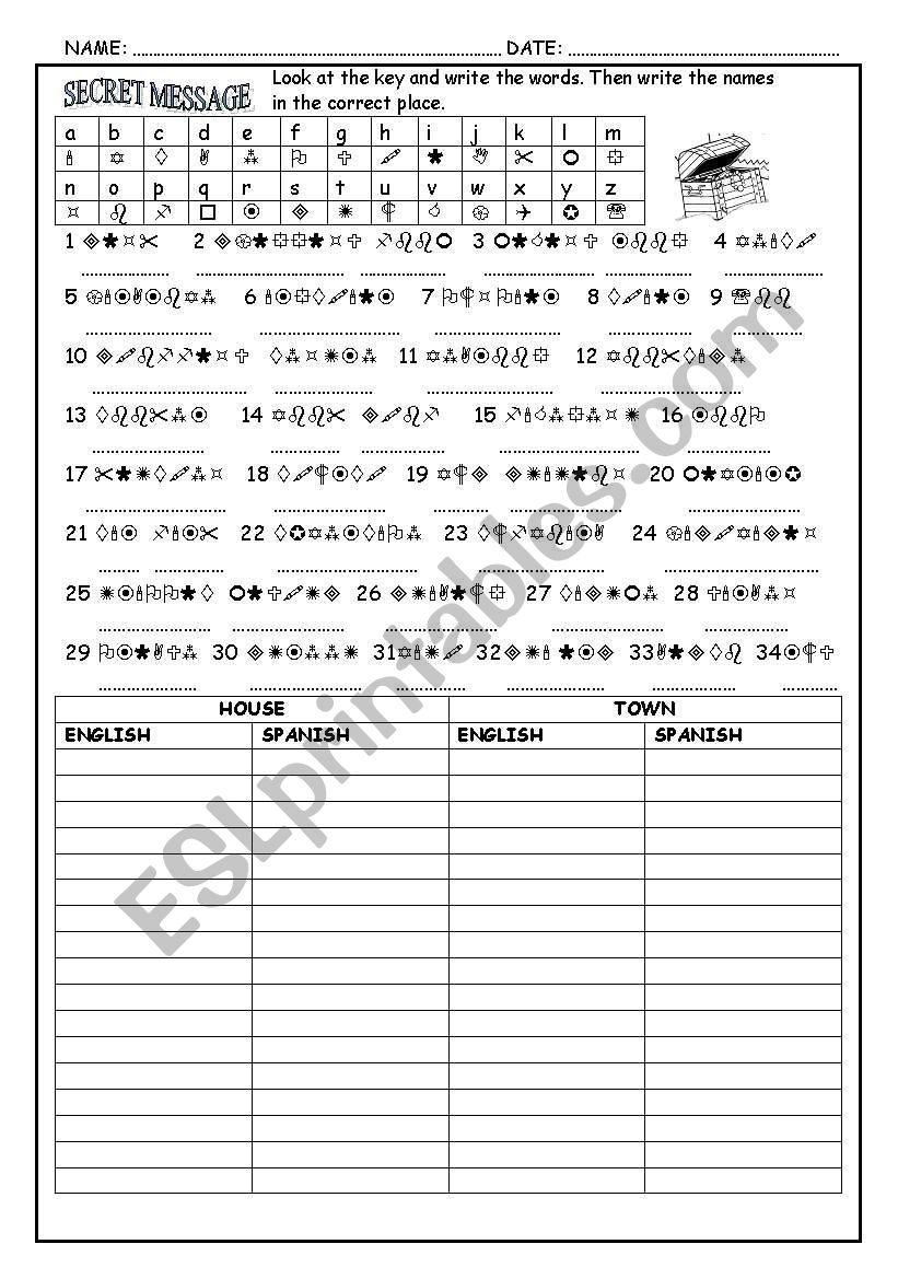 secret words: house & town worksheet