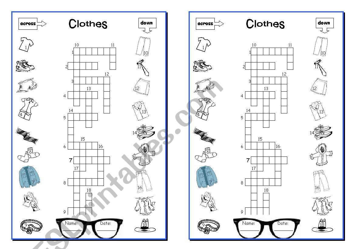 CLOTHES - crosswords worksheet