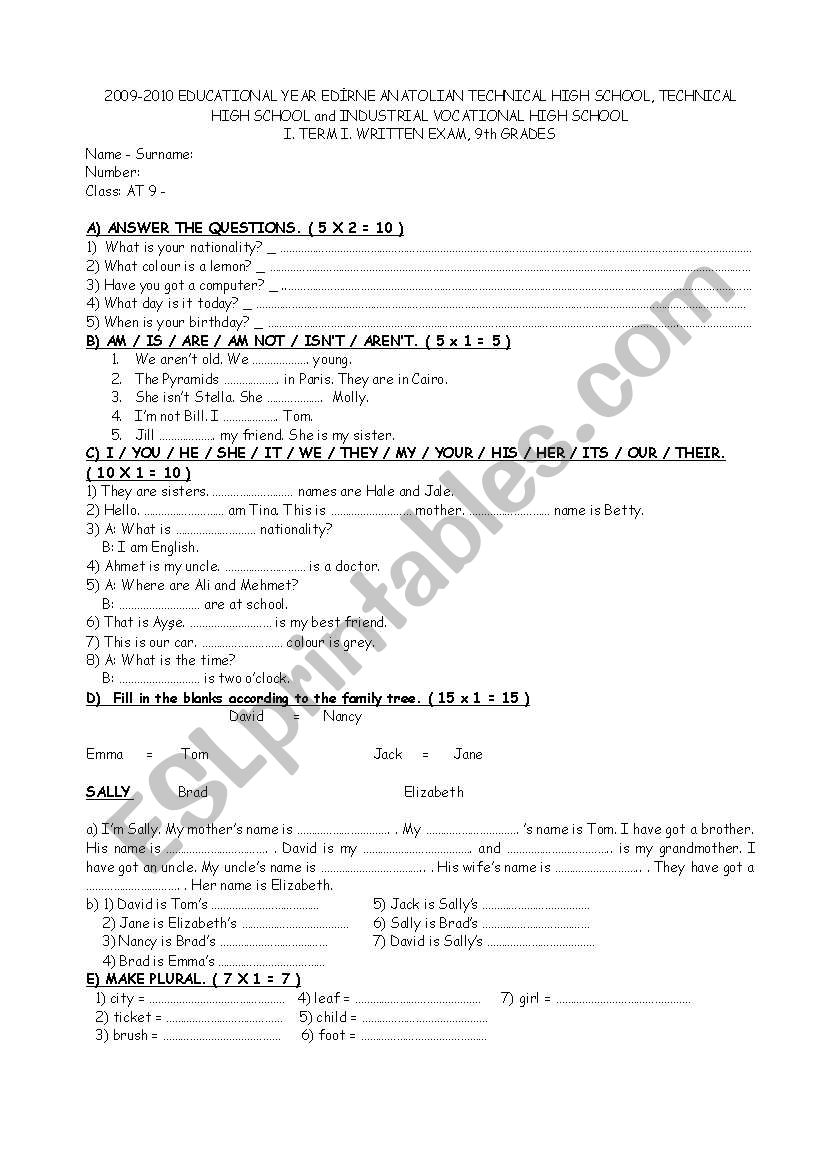 exam worksheet