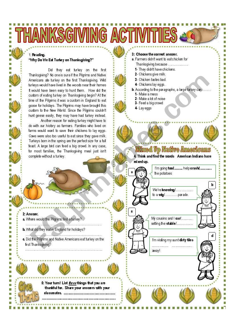 NOVEMBER THEME:THANKSGIVING - ACTIVITIES WITH KEY - (2/3) - UPPER ELEMENTARY