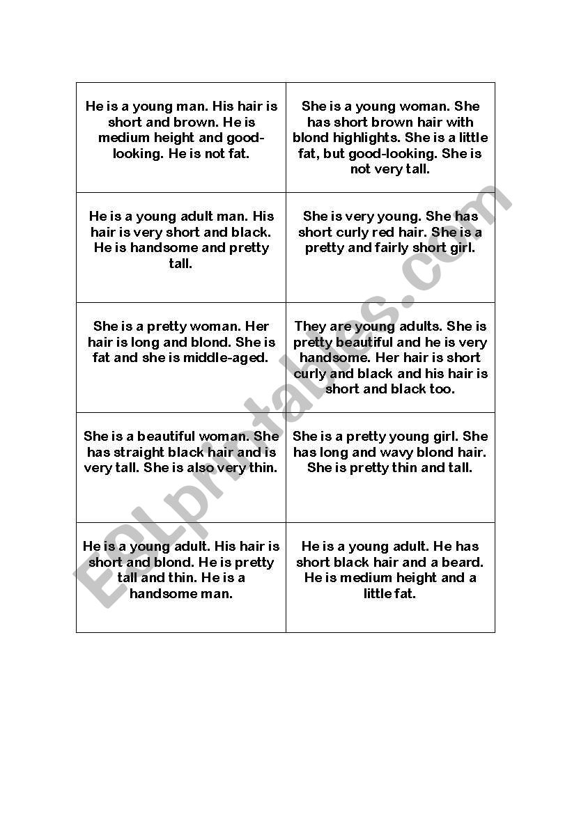 Appearance cards worksheet