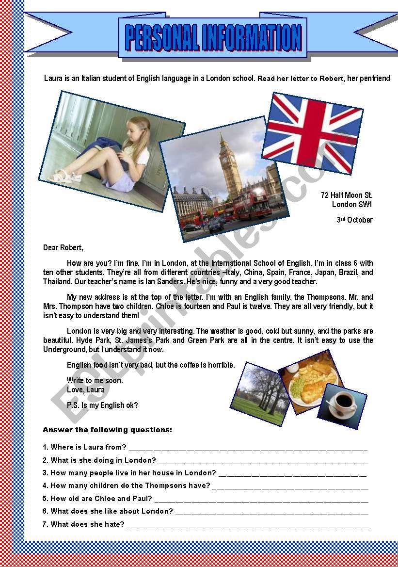 PERSONAL INFORMATION - Student in london - Letter