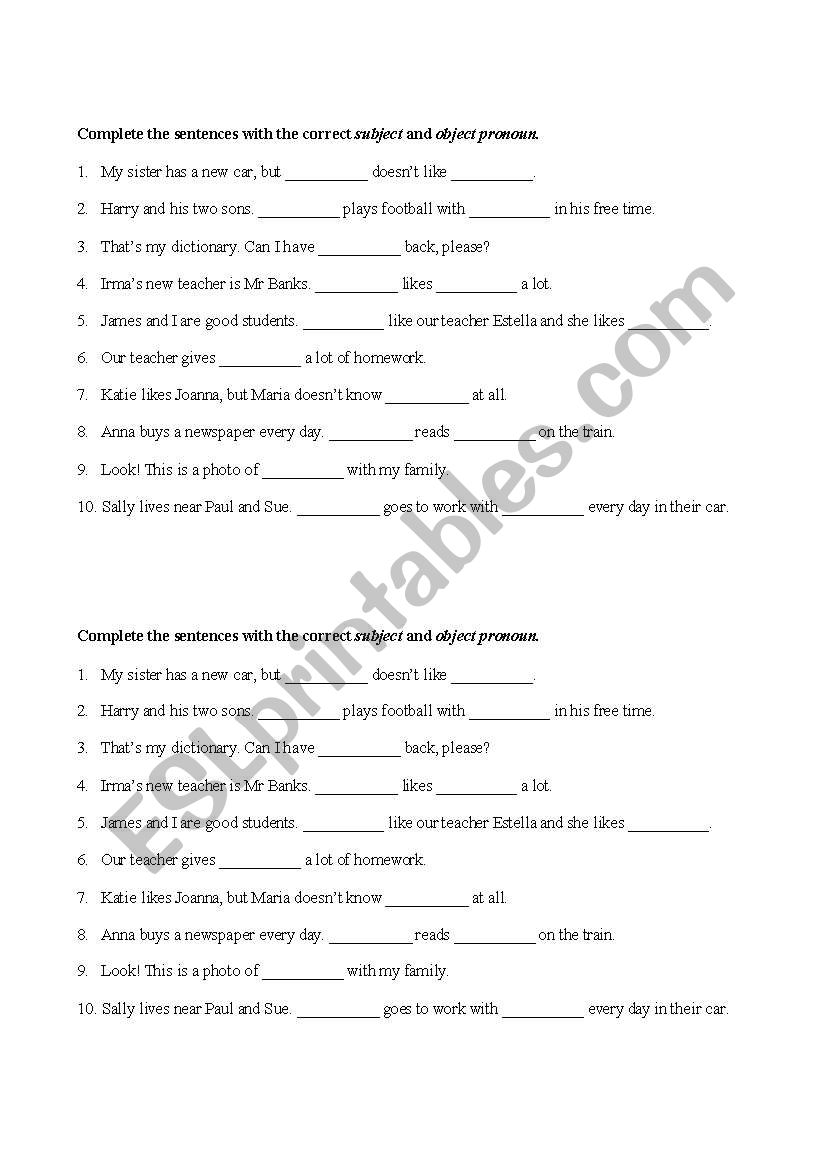 SUJECT & OBJECT PRONUOUNS worksheet