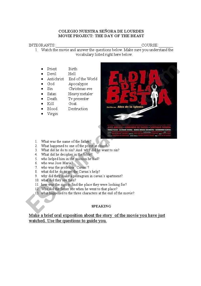 movie the day of the beast worksheet