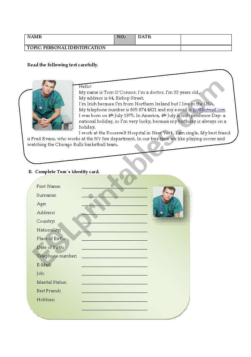 Personal Identification worksheet