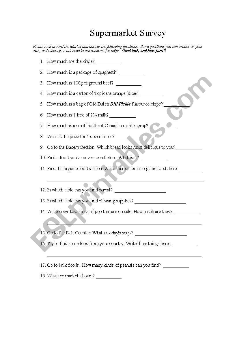 Grocery store survey worksheet