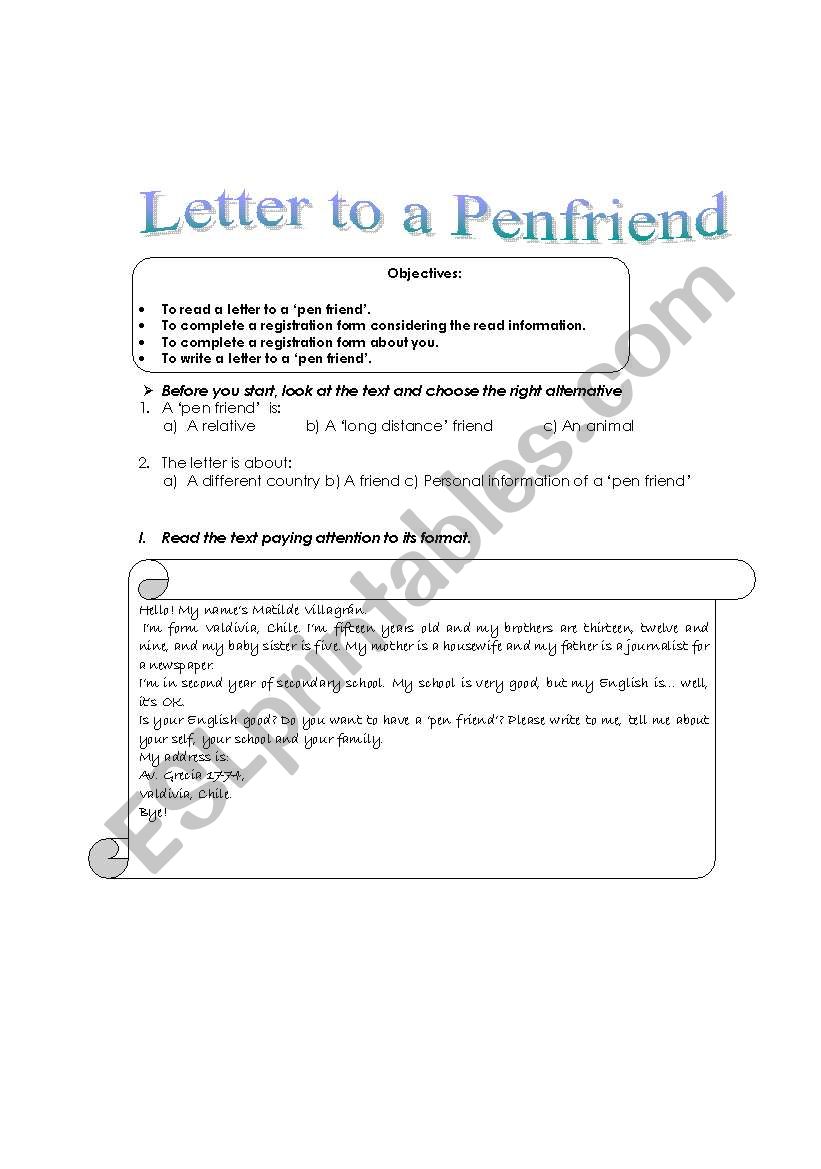 letter to a penfriend worksheet