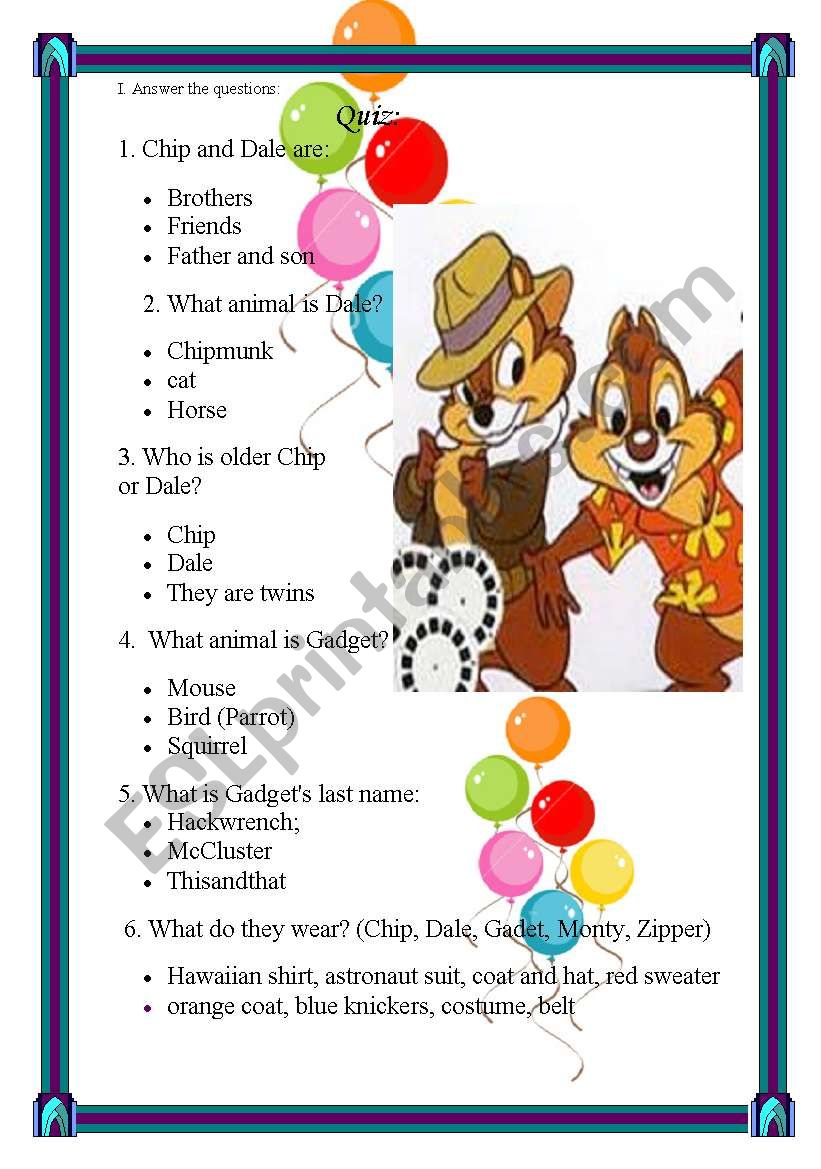 Chip and Dale cartoon (space) worksheet