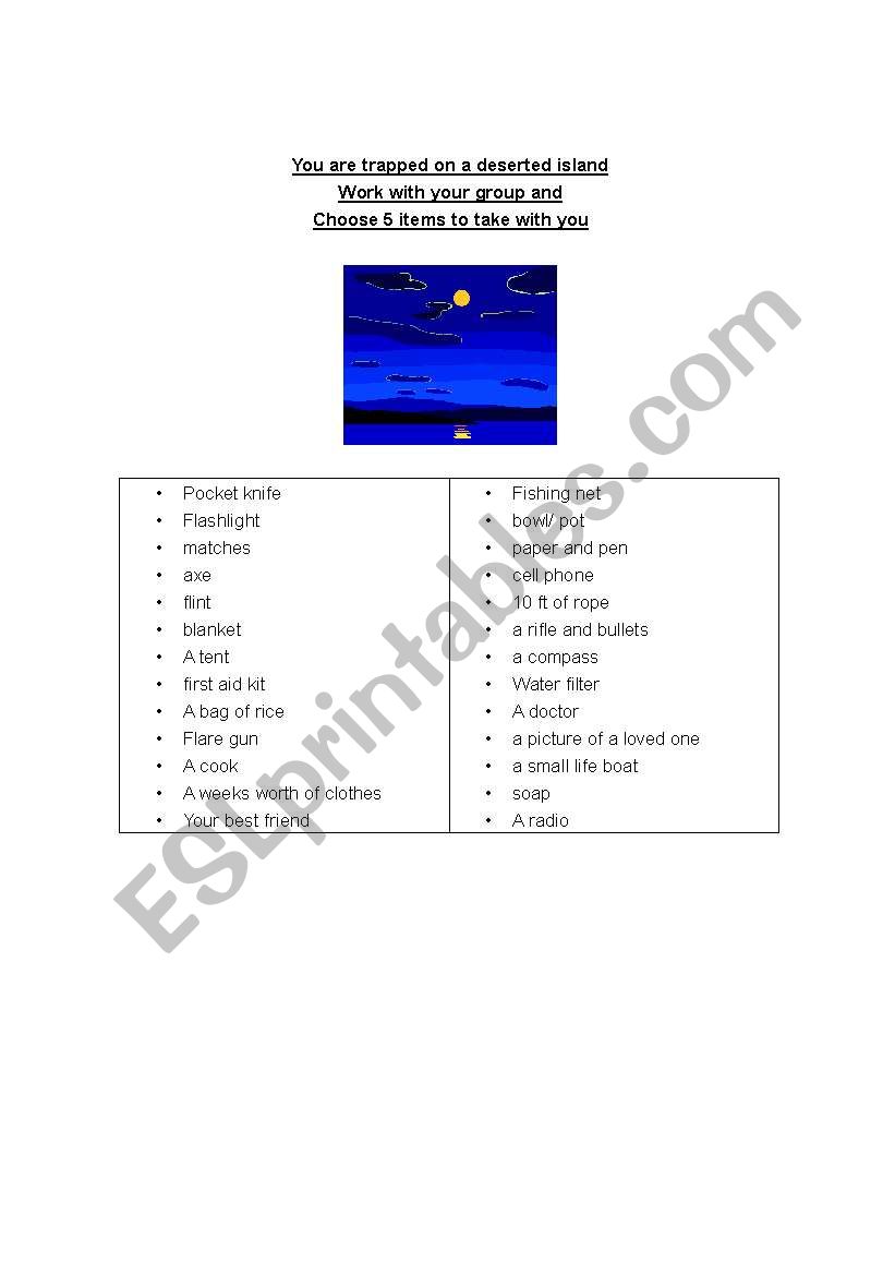 Deserted Island worksheet