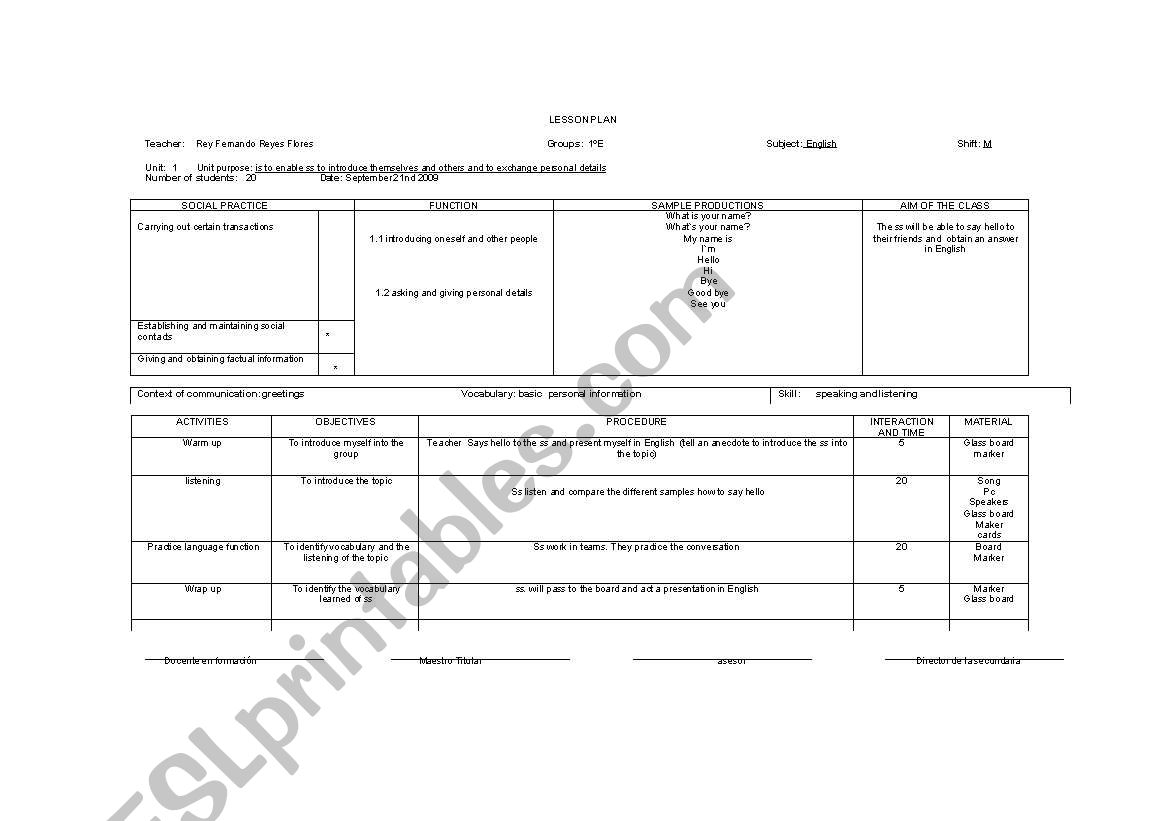 lesson plan personal information