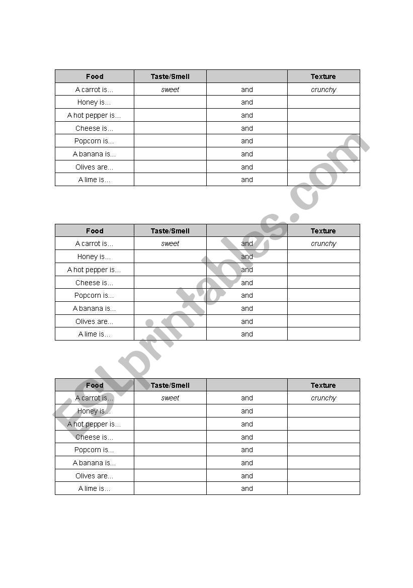 Tastes and Textures worksheet