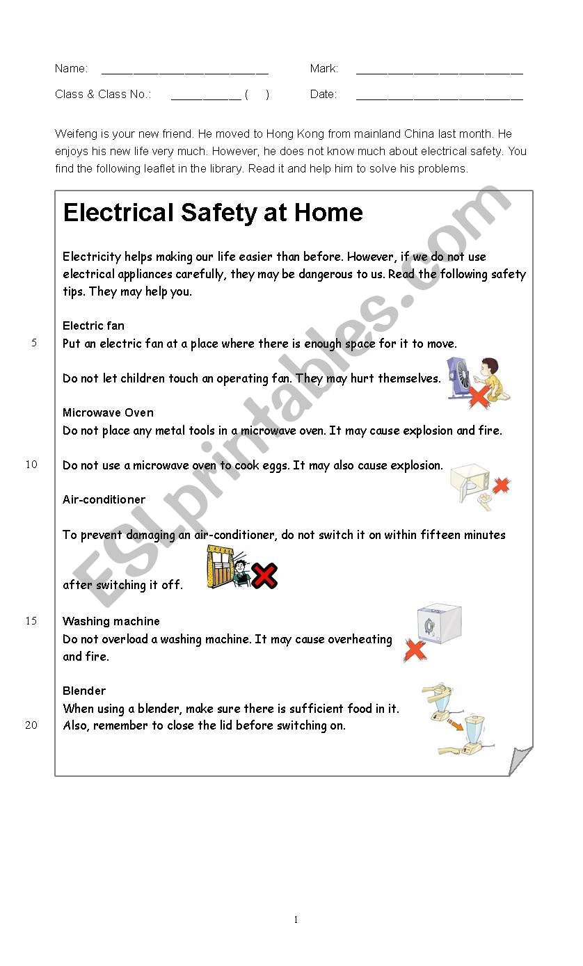 Electicity Safety worksheet