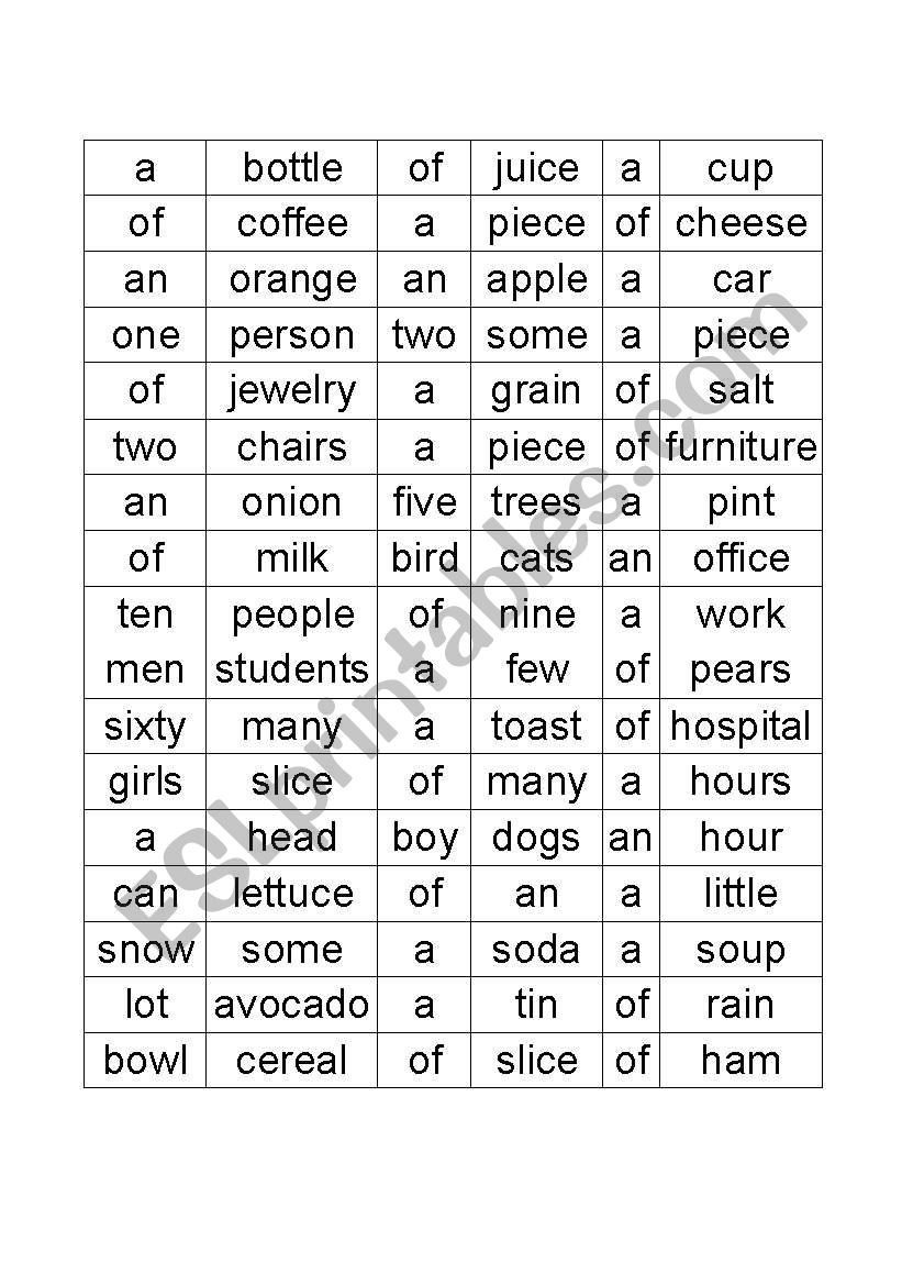 count/noncount nouns, articles and quantifiers