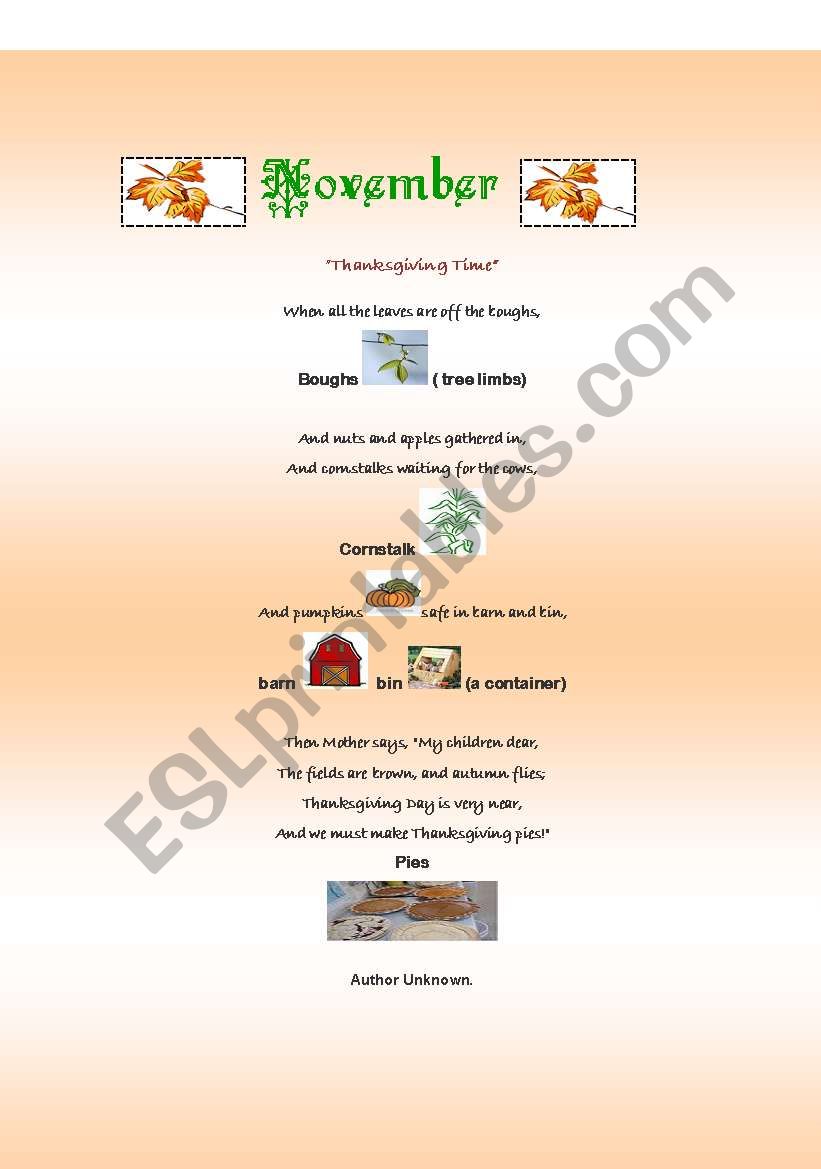 Thanksgiving Poem and Trivia worksheet